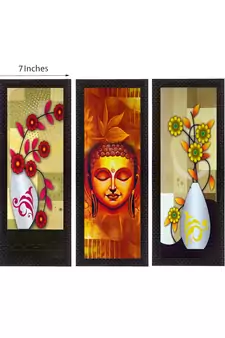 Set Of 3 Lord Buddha and Botanical Floral Satin Matt Texture UV Art Painting