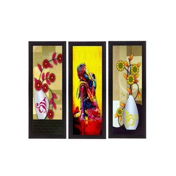 Set Of 3 Lord Buddha and Botanical Floral Satin Matt Texture UV Art Painting 1