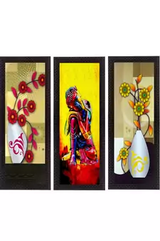 Set Of 3 Lord Buddha and Botanical Floral Satin Matt Texture UV Art Painting
