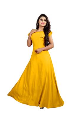 yellow plain crepe stitched party wear gown 1