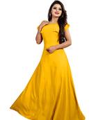 yellow plain crepe stitched party wear gown