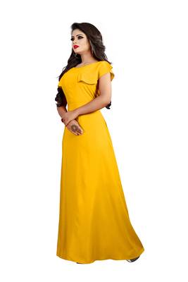 yellow plain crepe stitched party wear gown 2