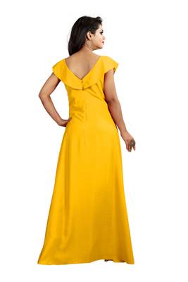 yellow plain crepe stitched party wear gown 3