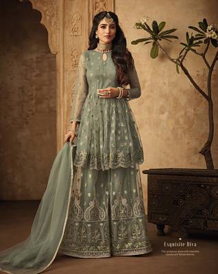 Teal embroidered net salwar 1