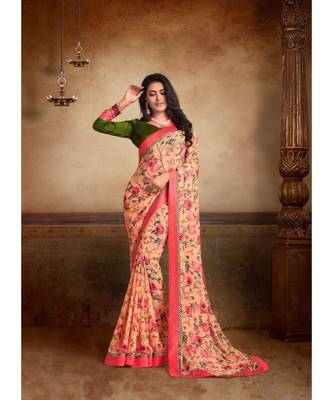 Cream Printed Georgette Saree With Blouse 1