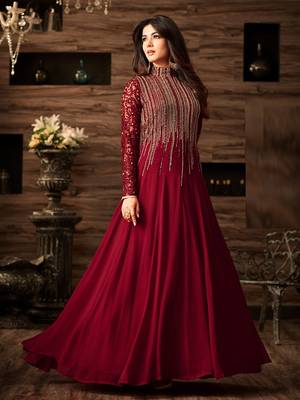 Red Embroidered Faux Georgette semi stitched Salwar with dupatta 1