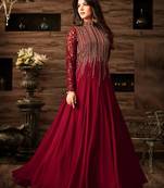 Red Embroidered Faux Georgette semi stitched Salwar with dupatta