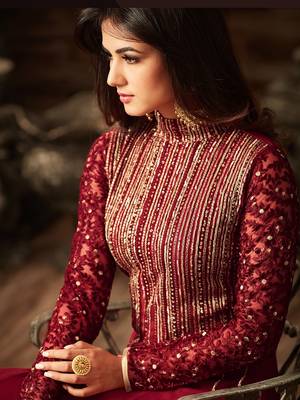 Red Embroidered Faux Georgette semi stitched Salwar with dupatta 2