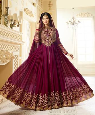 Purple Embroidered Faux Georgette semi stitched Salwar with dupatta 1