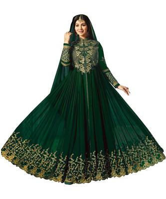 Green Embroidered Faux Georgette semi stitched Salwar with dupatta 1