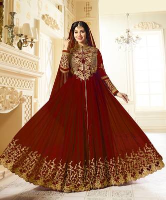 Red Embroidered Faux Georgette semi stitched Salwar with dupatta 1