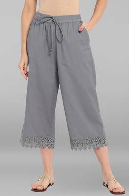 Janasya Women's Grey Cotton Schiffli Palazzo 1