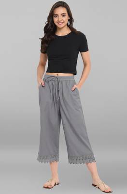 Janasya Women's Grey Cotton Schiffli Palazzo 5