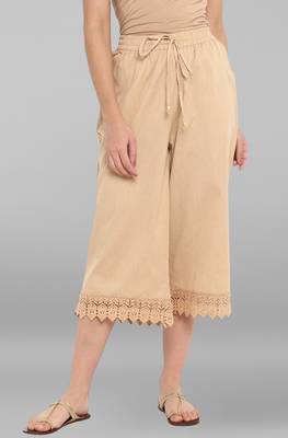 Janasya Women's Beige  Cotton Schiffli Palazzo 1