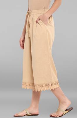 Janasya Women's Beige  Cotton Schiffli Palazzo 3