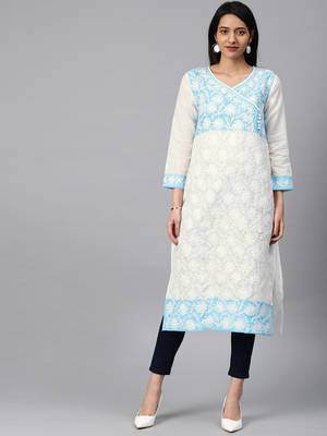 Sky-blue hand woven cotton chikankari-kurtis 1