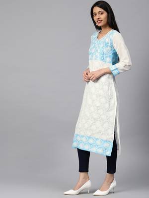 Sky-blue hand woven cotton chikankari-kurtis 3