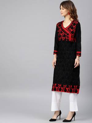 Red hand woven cotton chikankari-kurtis 3