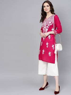 Hot-pink hand woven cotton chikankari-kurtis 1