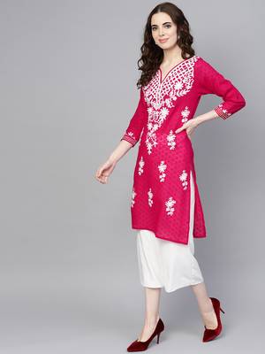 Hot-pink hand woven cotton chikankari-kurtis 3