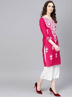 Hot-pink hand woven cotton chikankari-kurtis 4