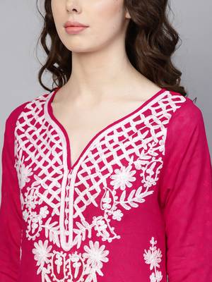 Hot-pink hand woven cotton chikankari-kurtis 5