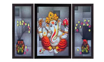 Set Of 3 Lord Ganesha and Flora Satin Matt Texture UV Art Painting 1