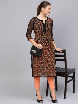 Black hand woven georgette chikankari-kurtis 1