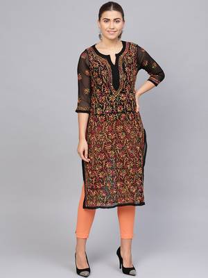 Black hand woven georgette chikankari-kurtis 4