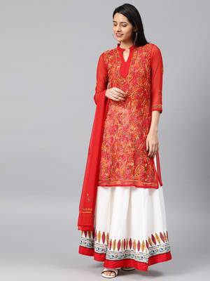 Red hand woven georgette chikankari-kurtis 1