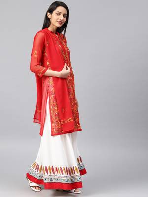 Red hand woven georgette chikankari-kurtis 3