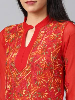 Red hand woven georgette chikankari-kurtis 5