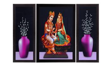 Set Of 3 Lord Krishna Radha and Flowers Satin Matt Texture UV Art Painting 1