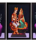 Set Of 3 Lord Krishna Radha and Flowers Satin Matt Texture UV Art Painting