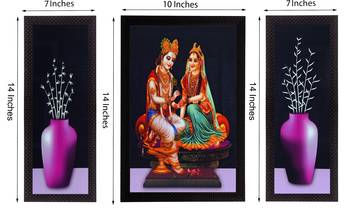 Set Of 3 Lord Krishna Radha and Flowers Satin Matt Texture UV Art Painting 2