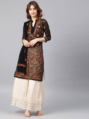 Black hand woven georgette chikankari-kurtis 1