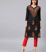 Black hand woven cotton chikankari-kurtis
