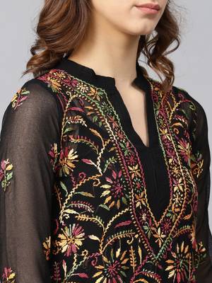 Black hand woven georgette chikankari-kurtis 4