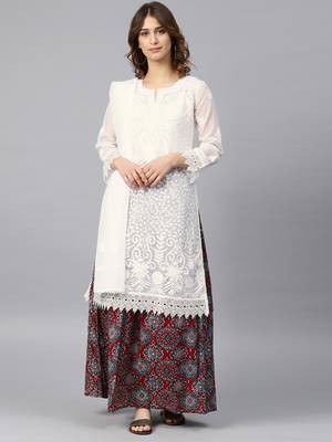 White hand woven georgette chikankari-kurtis 1