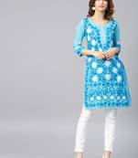 Sky-blue hand woven cotton chikankari-kurtis
