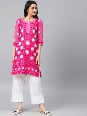 Onion-pink hand woven cotton chikankari-kurtis 1