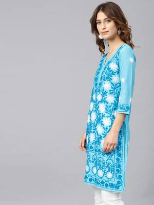 Sky-blue hand woven cotton chikankari-kurtis 3