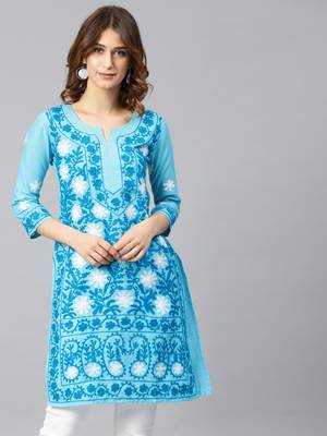 Sky-blue hand woven cotton chikankari-kurtis 4