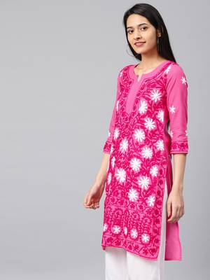 Onion-pink hand woven cotton chikankari-kurtis 3