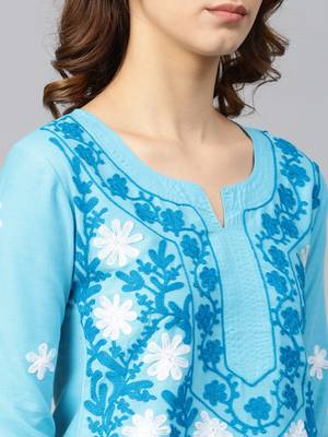 Sky-blue hand woven cotton chikankari-kurtis 5