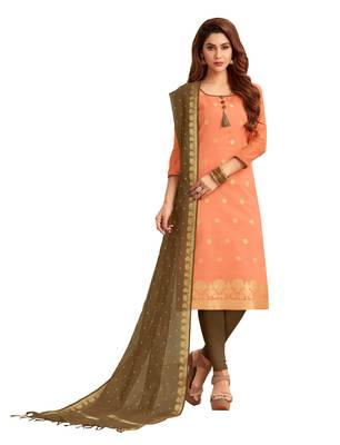 Peach & Mhendi green Banarasi Cotton Dress Material Having Banarasi Dupatta With Tassels 1