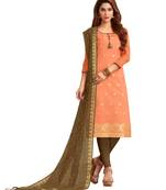 Peach & Mhendi green Banarasi Cotton Dress Material Having Banarasi Dupatta With Tassels