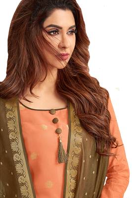 Peach & Mhendi green Banarasi Cotton Dress Material Having Banarasi Dupatta With Tassels 2