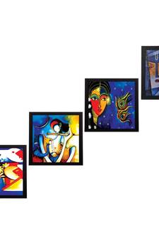 Set Of 4 Abstract Radha Krishna Satin Matt Texture UV Art Painting