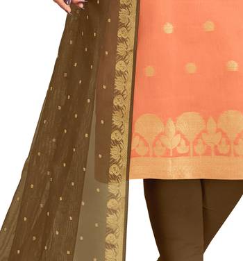 Peach & Mhendi green Banarasi Cotton Dress Material Having Banarasi Dupatta With Tassels 3
